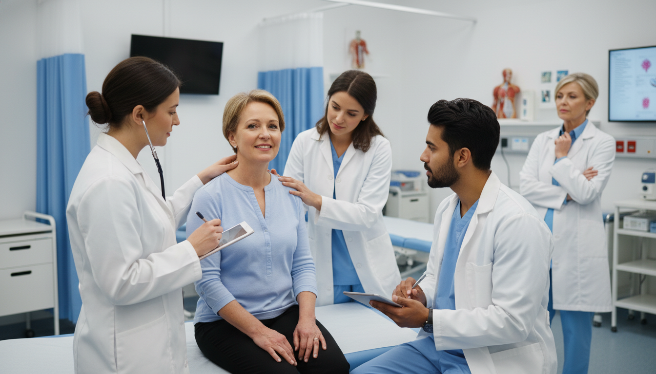 Medical students practicing clinical skills with standardized patient - transitional year residency for Surviving First Year