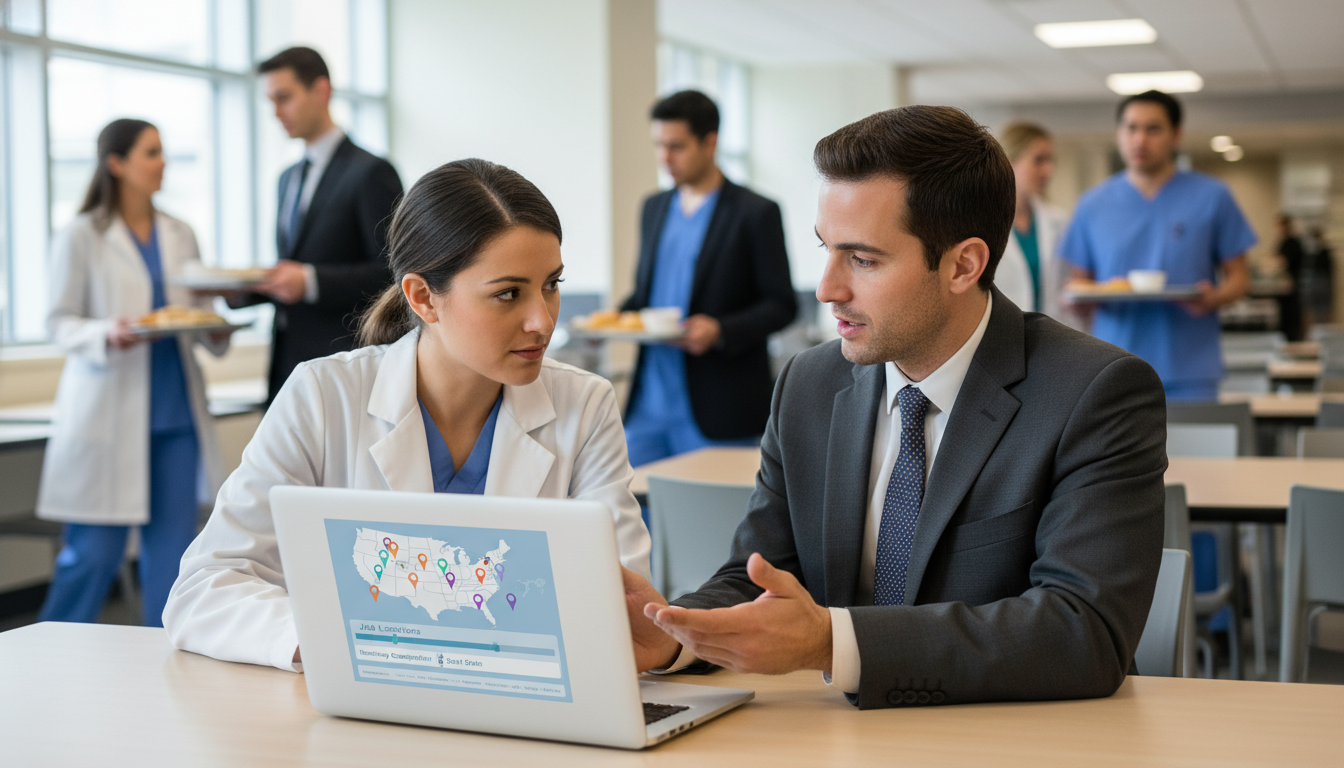 Transitional year resident discussing job opportunities with recruiter - transitional year residency for Job Search Timing in