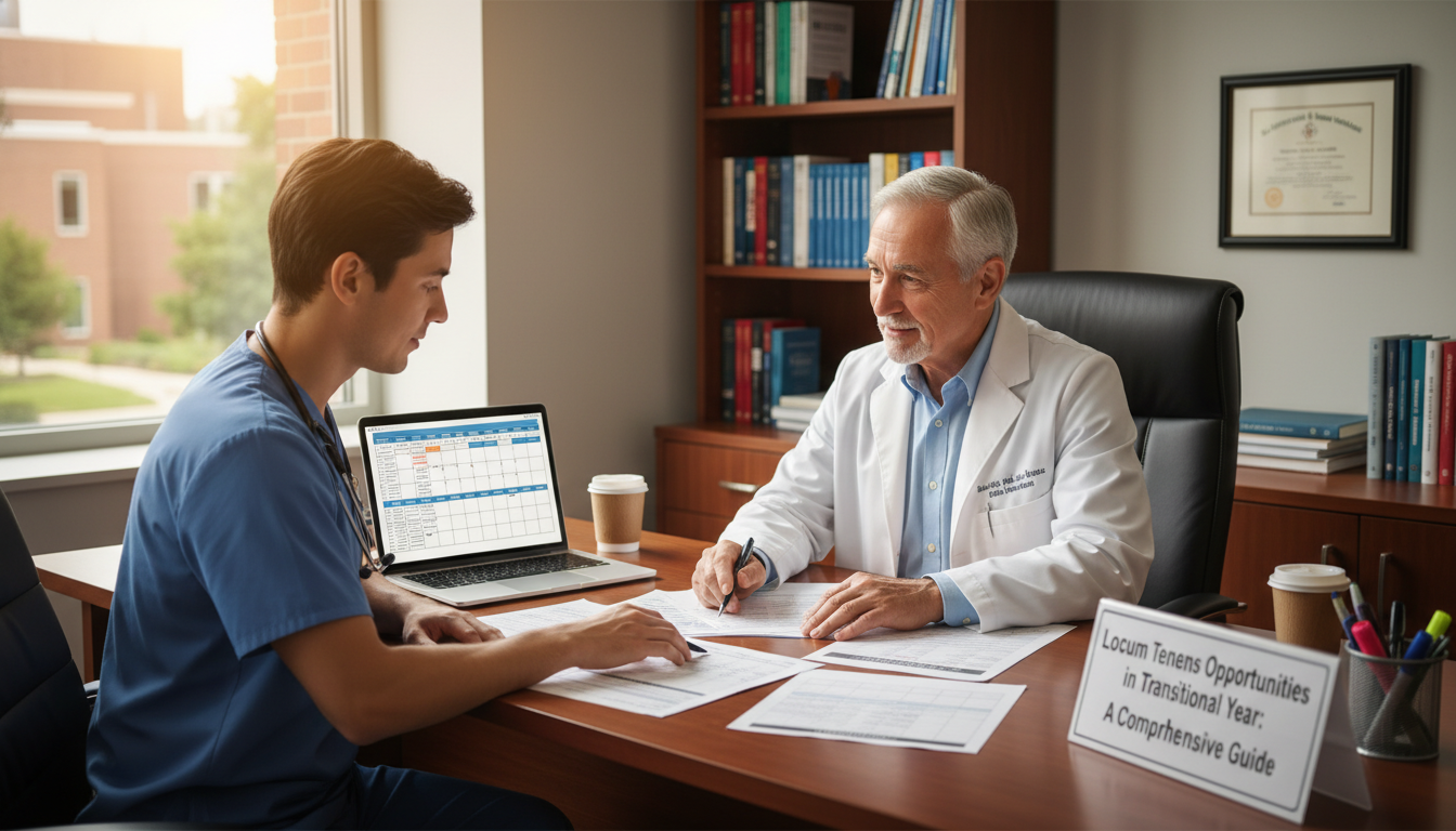 Transitional year resident discussing career paths with mentor Transitional year resident discussing career paths with mentor - transitional year residency for Locum Tenens Opportunities i