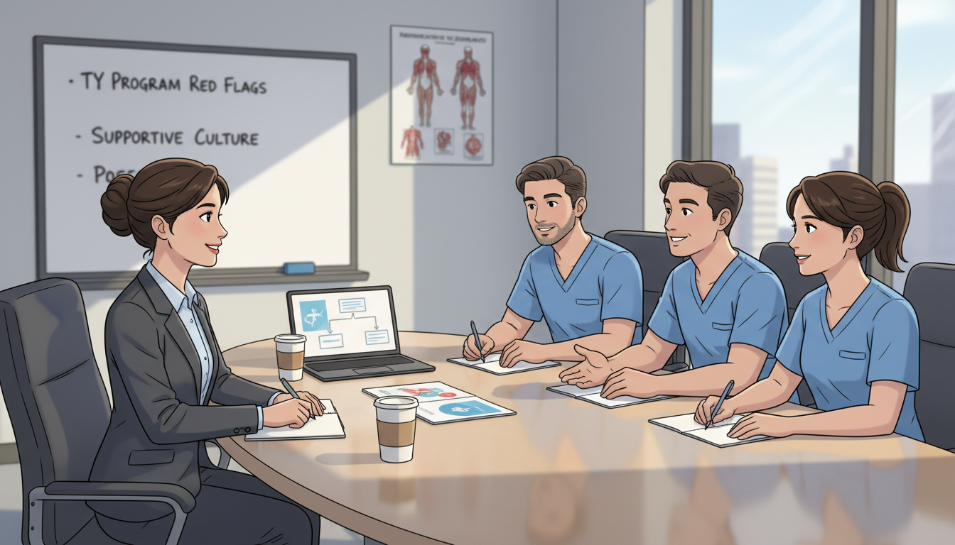 Applicant speaking with current residents on interview day Applicant speaking with current residents on interview day - transitional year residency for Identifying Malignant Programs i