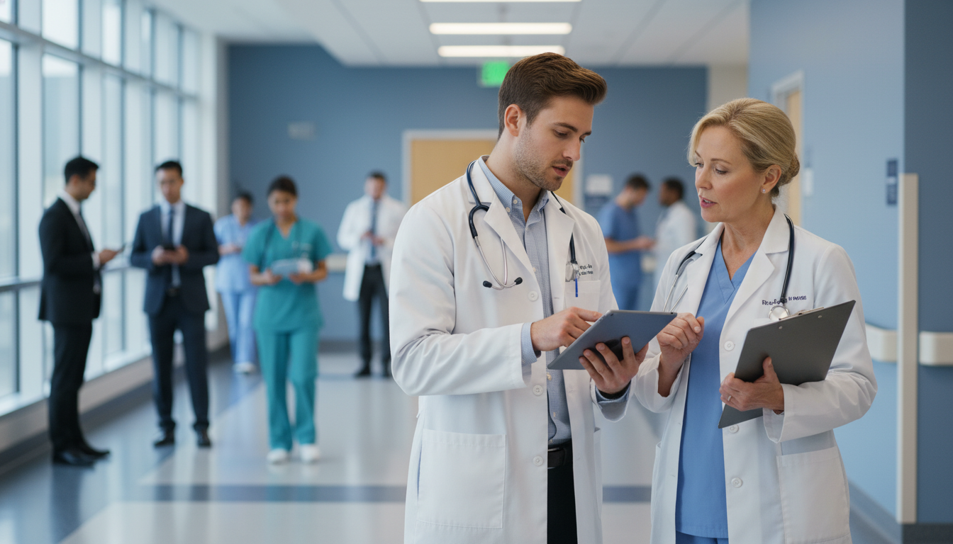 Resident discussing a case with an attending physician Resident discussing a case with an attending physician - transitional year residency for Networking in Medicine in Transition