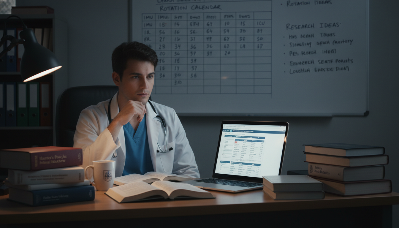 Resident doctor studying and planning during transitional year residency Resident doctor studying and planning during transitional year residency - transitional year residency for Pre-Med Preparatio