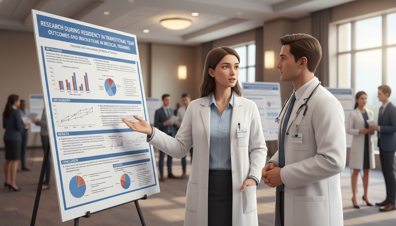 Resident presenting research poster at academic conference Resident presenting research poster at academic conference - transitional year residency for Research During Residency in Tra