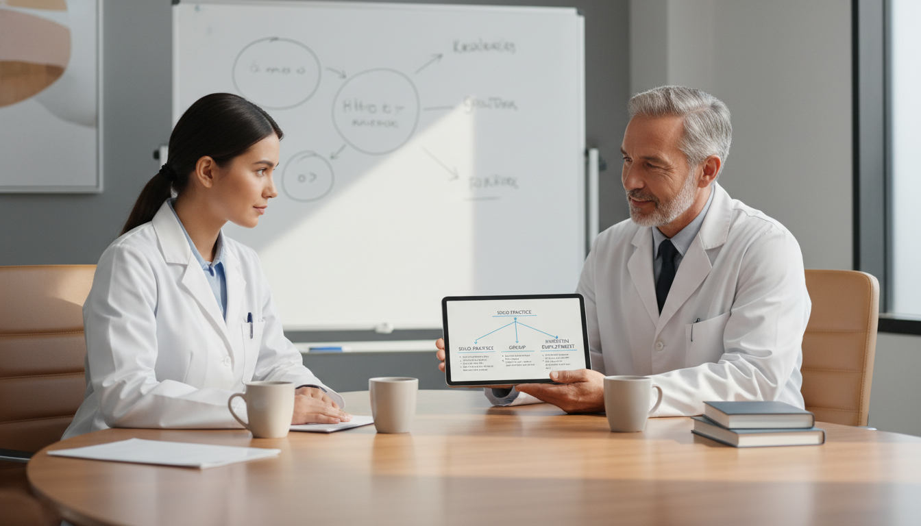 Resident physician discussing practice models with mentor Resident physician discussing practice models with mentor - transitional year residency for Starting a Private Practice in Tr