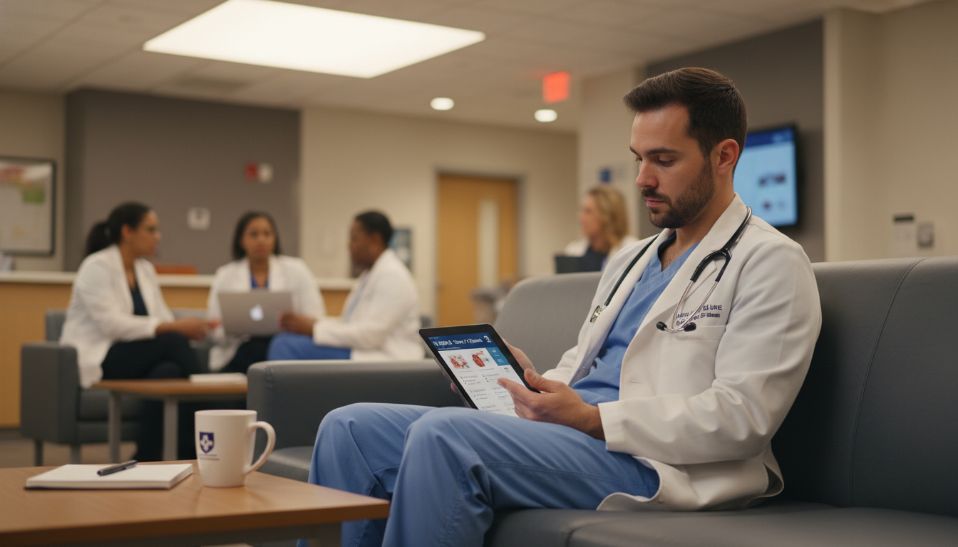 Transitional year resident studying USMLE Step 1 questions on a tablet Transitional year resident studying USMLE Step 1 questions on a tablet - transitional year residency for USMLE Step 1 Prepara