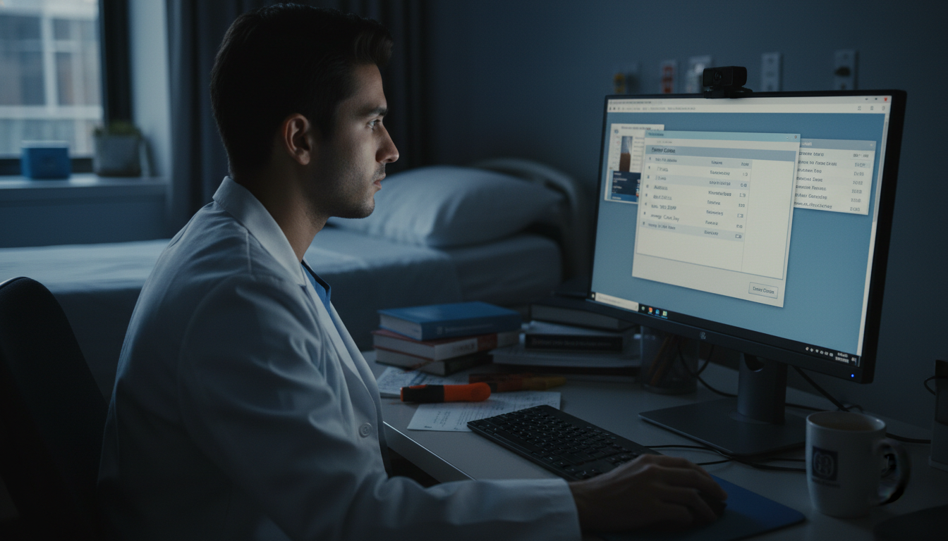 Resident practicing USMLE Step 3 CCS cases on a computer Resident practicing USMLE Step 3 CCS cases on a computer - transitional year residency for USMLE Step 3 Preparation in Transi