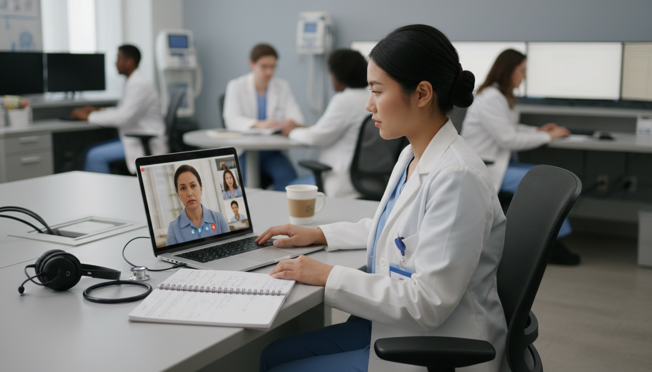Resident Conducting a Telemedicine Visit From a Clinical Workroom Resident Conducting a Telemedicine Visit From a Clinical Workroom - transitional year residency for Telemedicine Career Oppor