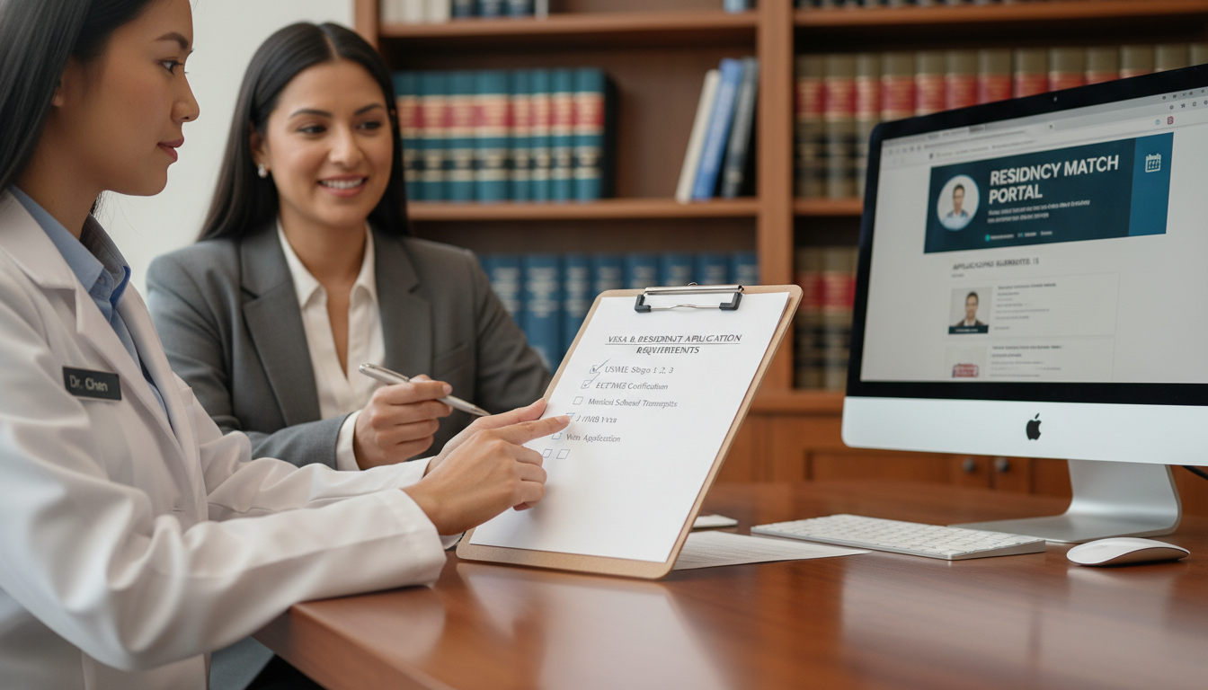 International medical graduate reviewing residency visa documents with advisor International medical graduate reviewing residency visa documents with advisor - transitional year residency for Visa Navigat