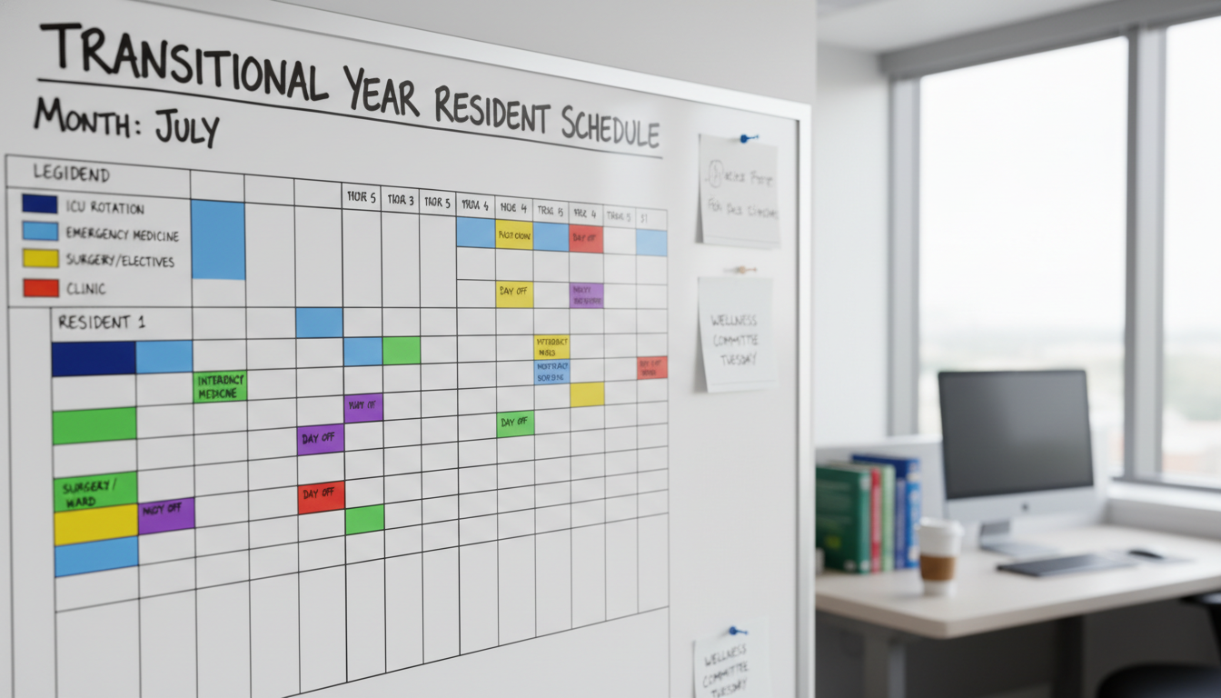 Sample transitional year resident monthly schedule on a whiteboard Sample transitional year resident monthly schedule on a whiteboard - transitional year residency for Managing Residency Work