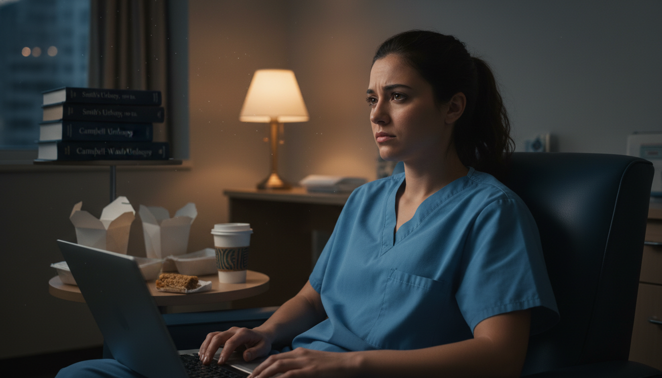 Urology resident looking tired in a hospital call room, reflecting on work-life balance Urology resident looking tired in a hospital call room, reflecting on work-life balance - urology residency for Residency Bur