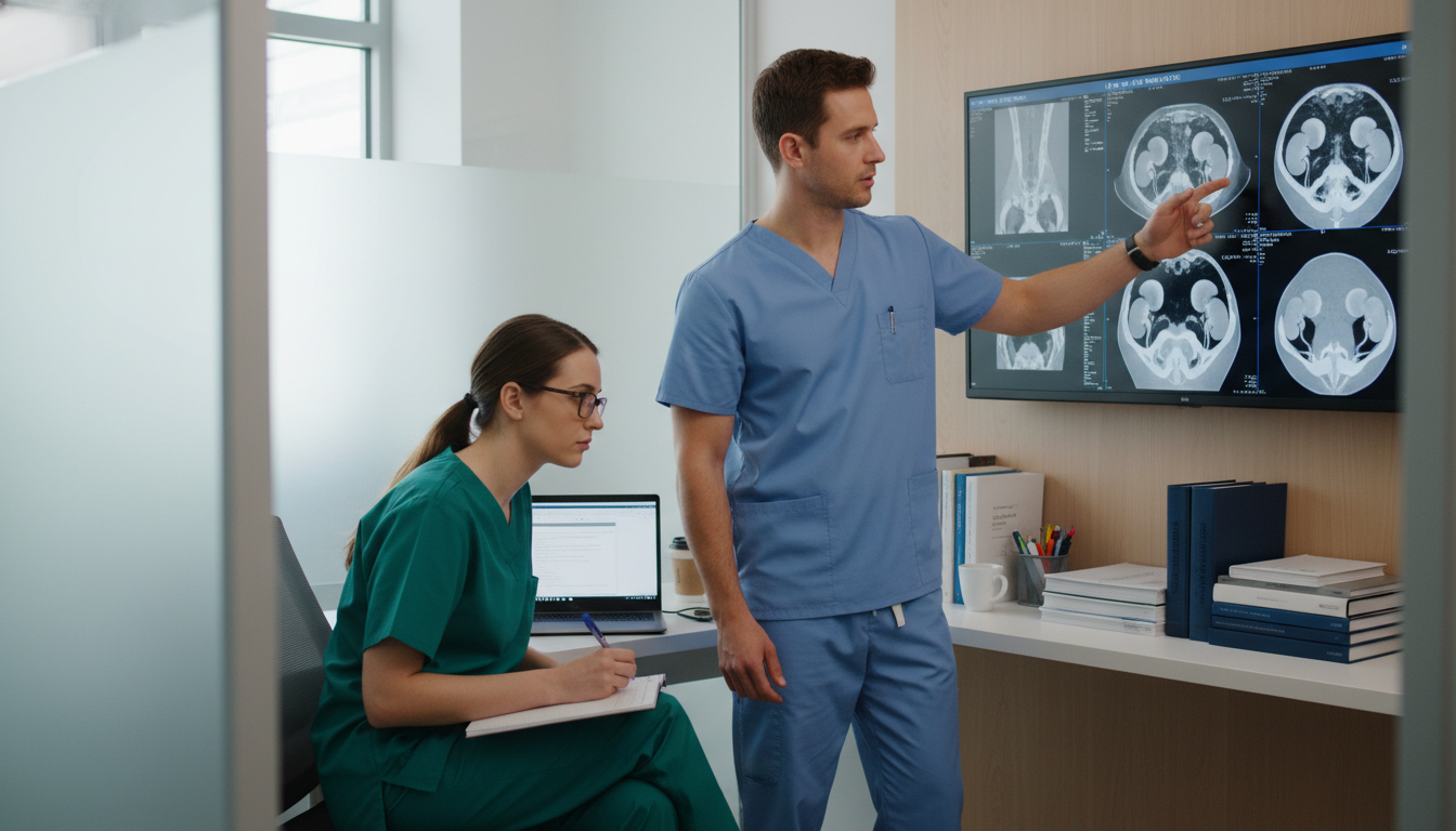 Urology resident teaching a medical student how to read imaging Urology resident teaching a medical student how to read imaging - urology residency for Excelling in Clinical Rotations in Ur