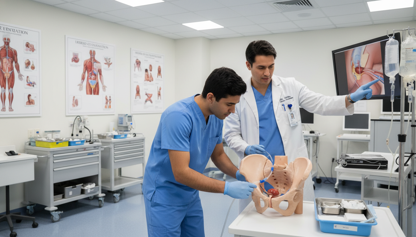 Medical student practicing catheterization on a urology skills model Medical student practicing catheterization on a urology skills model - urology residency for Excelling in Clinical Rotations