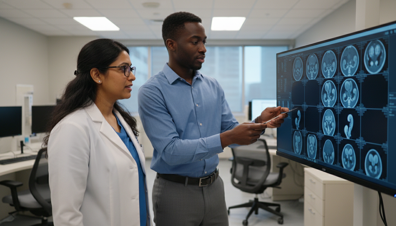 Medical student and urology attending reviewing imaging Medical student and urology attending reviewing imaging - urology residency for Medical Shadowing Experience in Urology: A Co