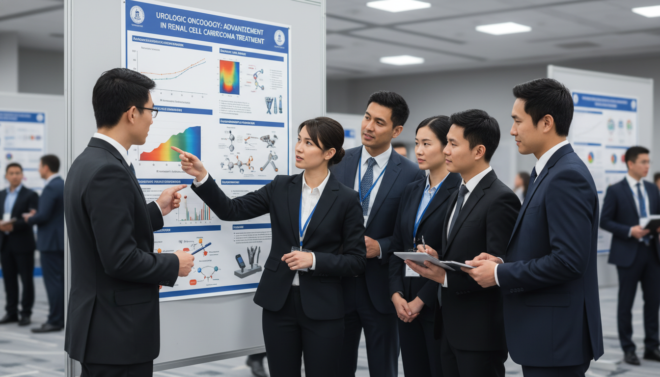 Medical students and residents discussing a urology research poster Medical students and residents discussing a urology research poster - urology residency for Networking in Medicine in Urology