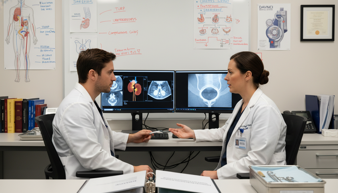 Urology resident and attending reviewing postoperative imaging Urology resident and attending reviewing postoperative imaging - urology residency for Operative Experience Evaluation in Uro