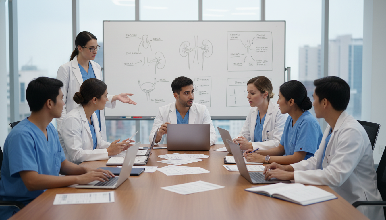 Urology residents discussing cases and schedules in a conference room - urology residency for Questions to Ask Programs in Ur