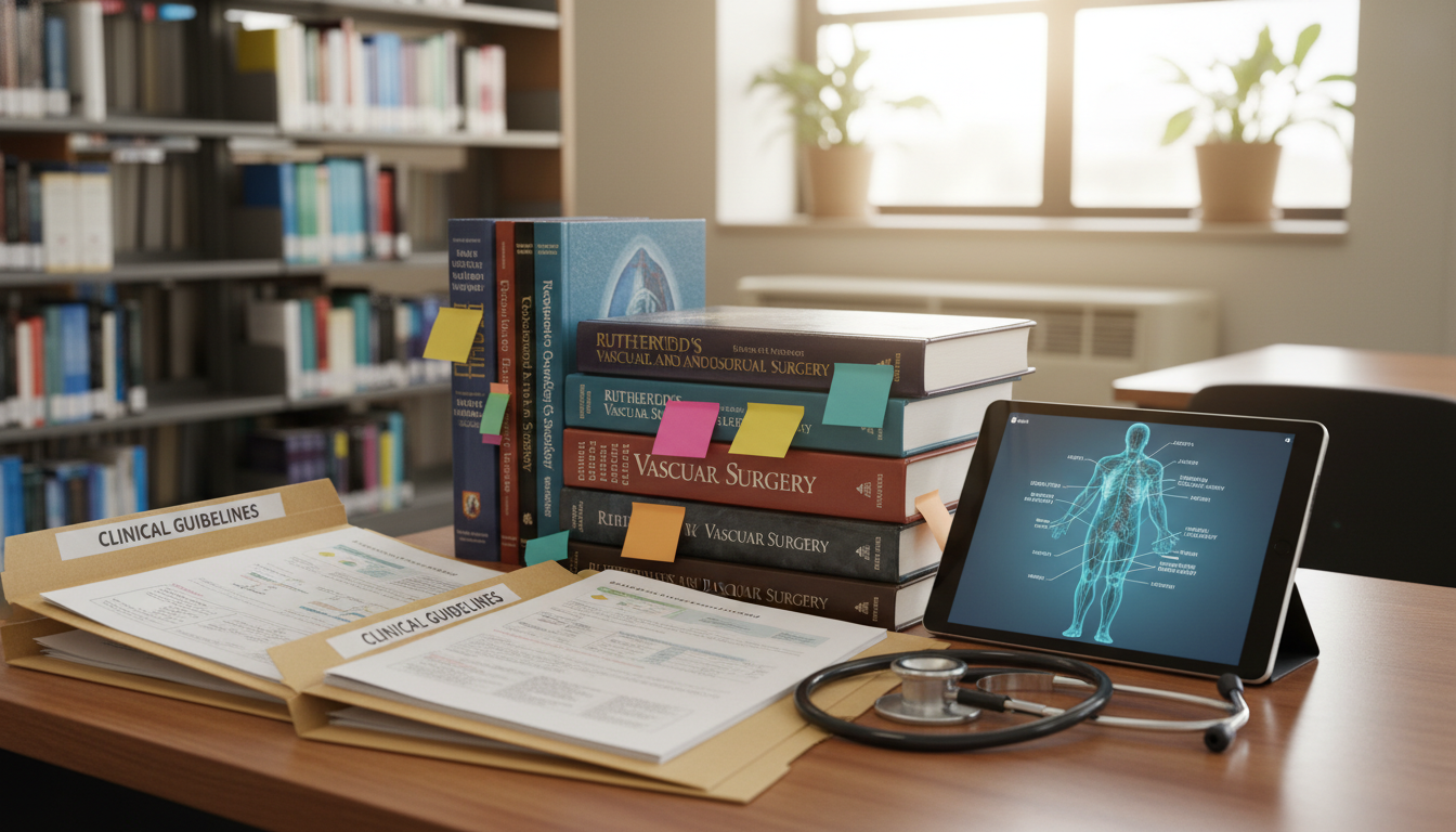 Vascular surgery textbooks and guidelines organized on a resident's study desk Vascular surgery textbooks and guidelines organized on a resident's study desk - vascular surgery residency for Board Exam St