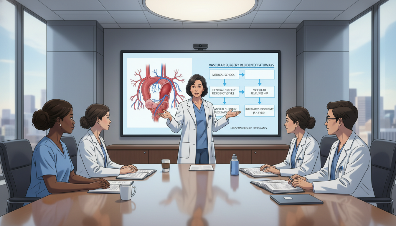 Surgical trainees and faculty discussing vascular surgery residency pathways Surgical trainees and faculty discussing vascular surgery residency pathways - vascular surgery residency for H-1B Sponsorshi