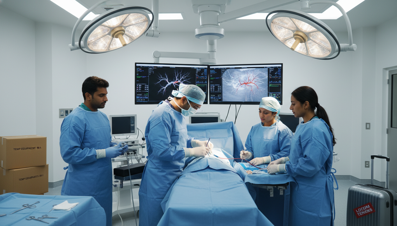 Vascular surgeon performing endovascular procedure in a hybrid OR during a locum tenens assignment - vascular surgery residen