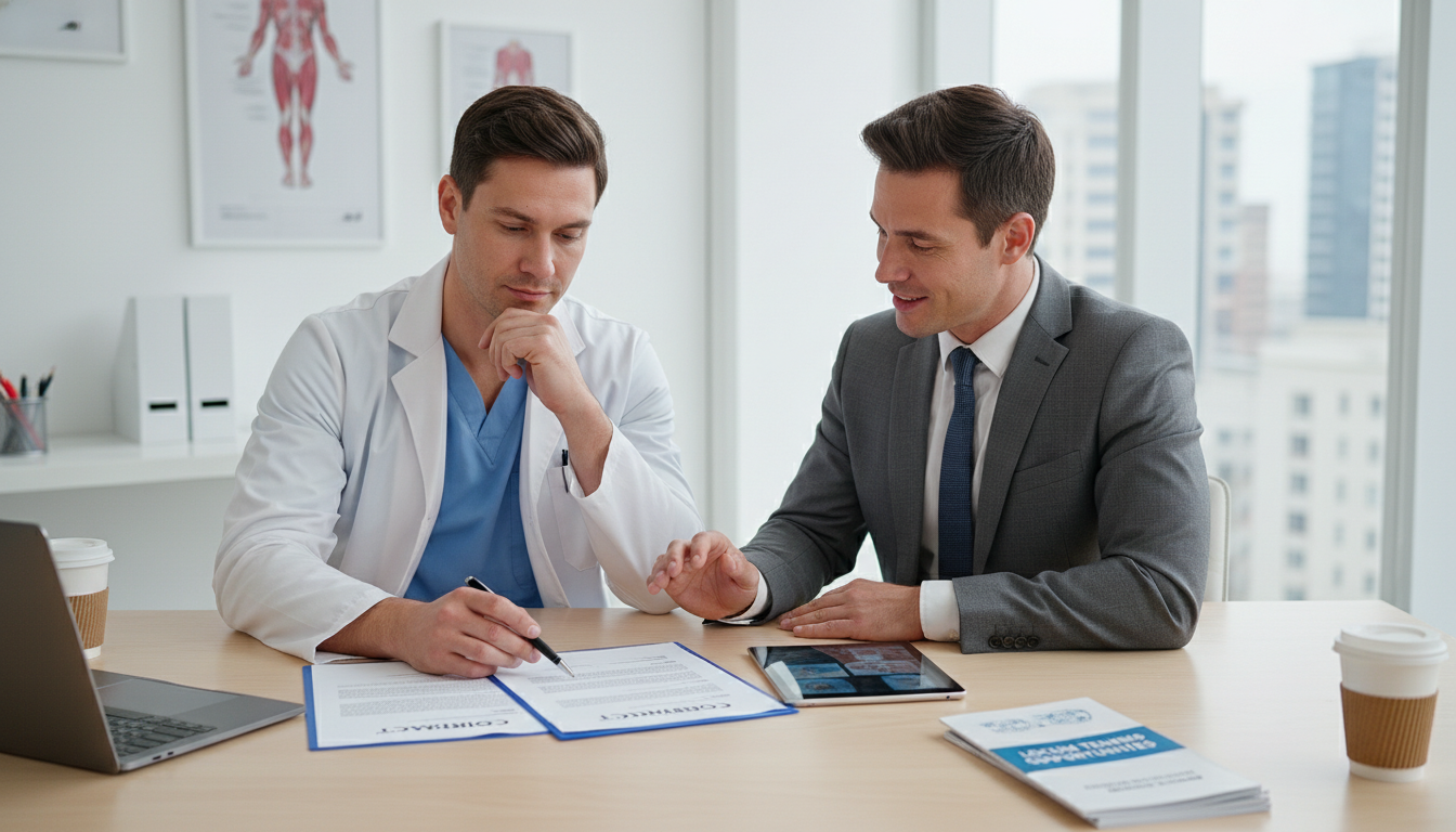 Vascular surgeon reviewing a locum tenens contract with recruiter - vascular surgery residency for Locum Tenens Opportunities