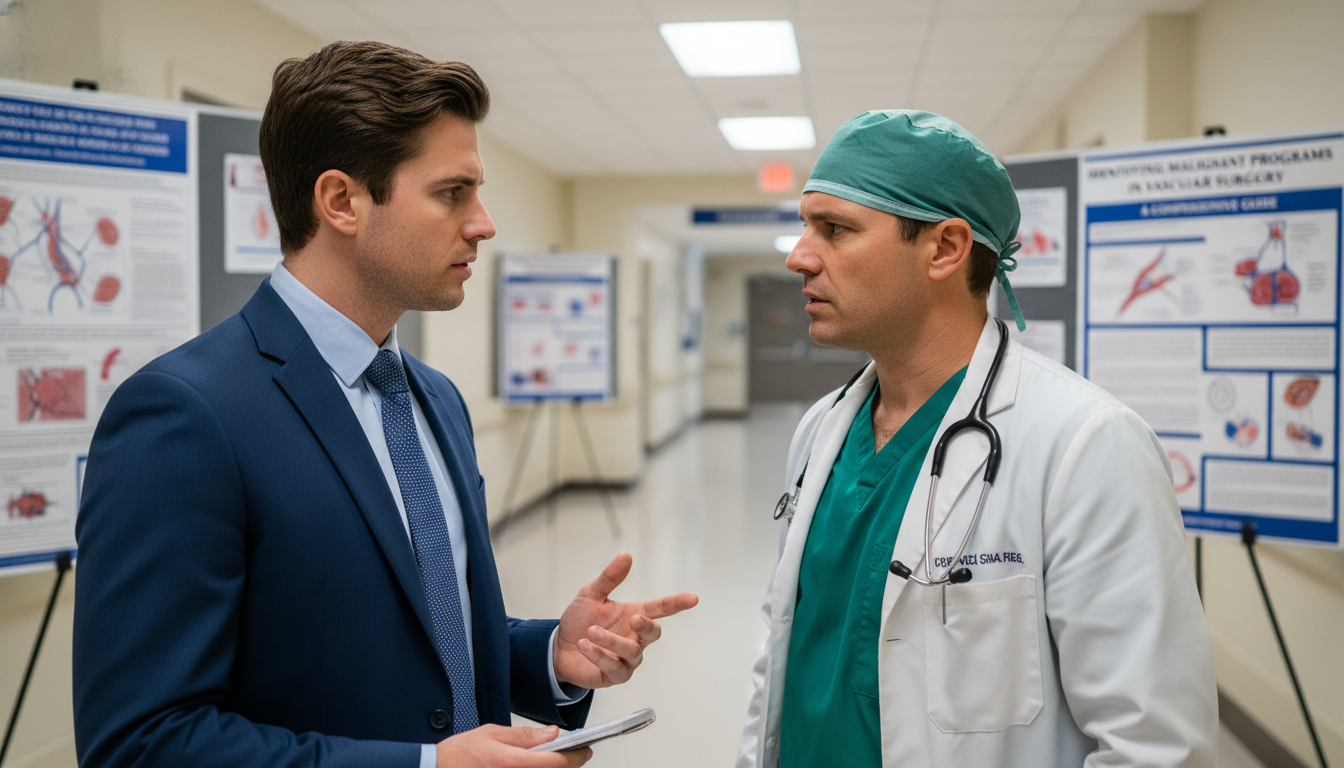 Medical student speaking with vascular surgery resident during interview day Medical student speaking with vascular surgery resident during interview day - vascular surgery residency for Identifying Mal