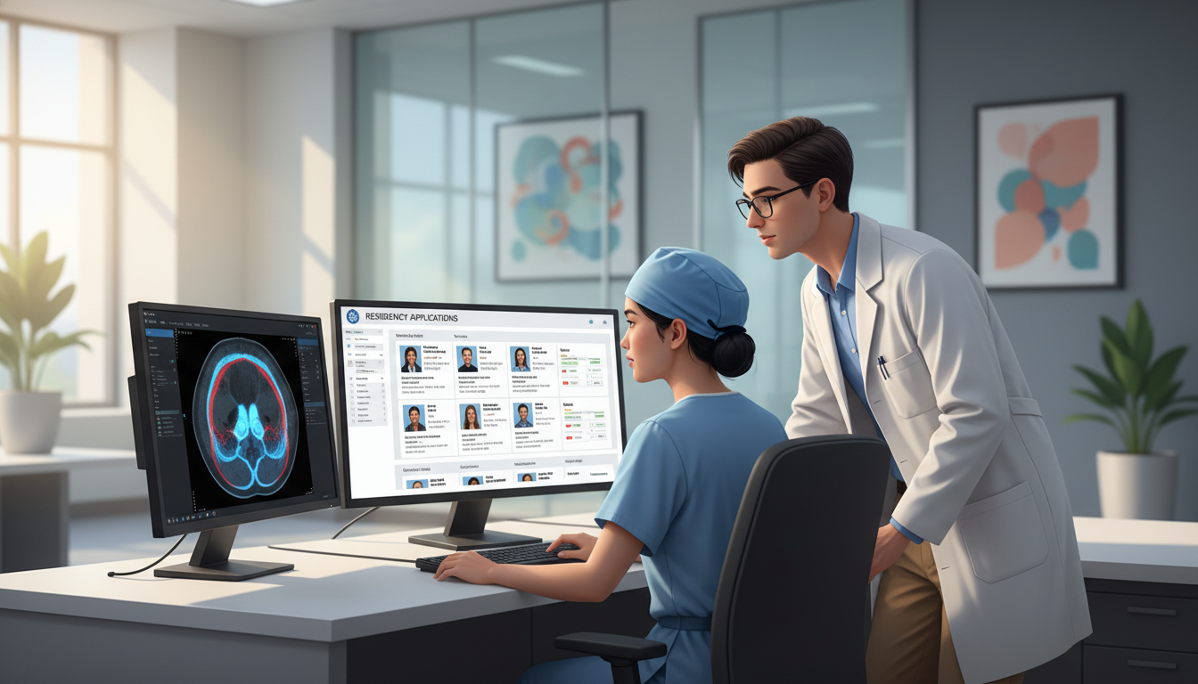 Vascular surgery resident and medical student discussing residency applications at computer Vascular surgery resident and medical student discussing residency applications at computer - vascular surgery residency for