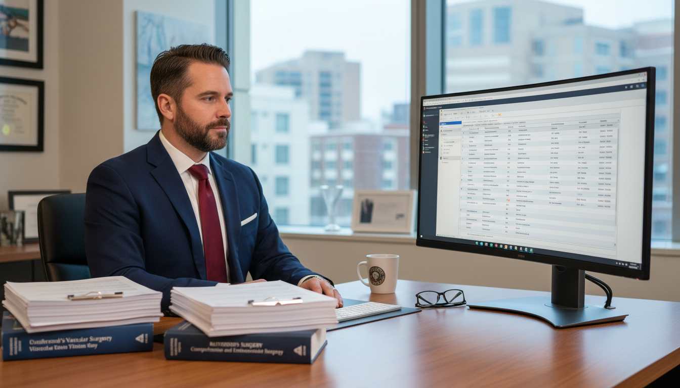 Vascular surgery program director in office reviewing residency rank list on computer Vascular surgery program director in office reviewing residency rank list on computer - vascular surgery residency for Pre-Ma