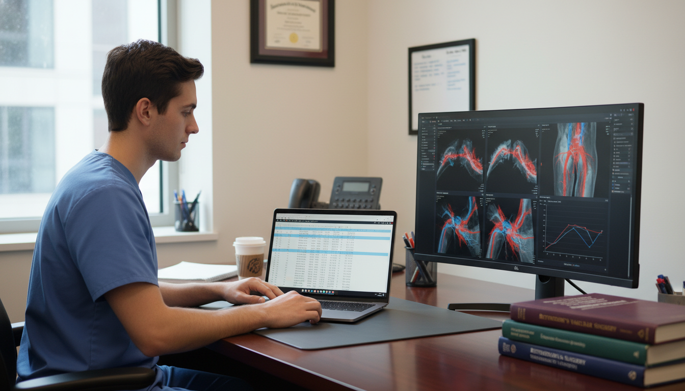 Vascular surgery resident analyzing operative case data on a laptop Vascular surgery resident analyzing operative case data on a laptop - vascular surgery residency for How to Research Programs