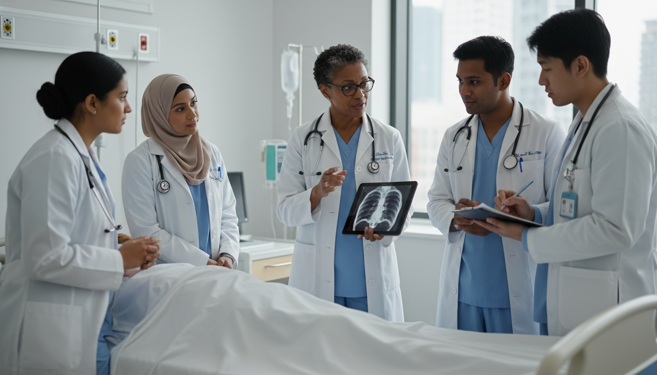 Academic hospital team teaching medical residents Academic hospital team teaching medical residents - academic medicine career for The Complete Guide to Academic vs Private Pr