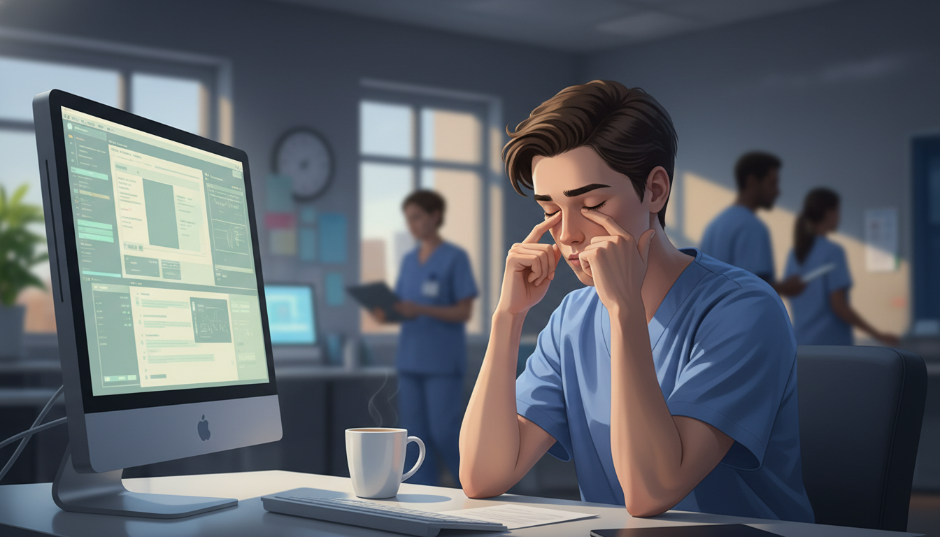Medical resident showing subtle signs of burnout at hospital workstation Medical resident showing subtle signs of burnout at hospital workstation - residency burnout for The Complete Guide to Reside