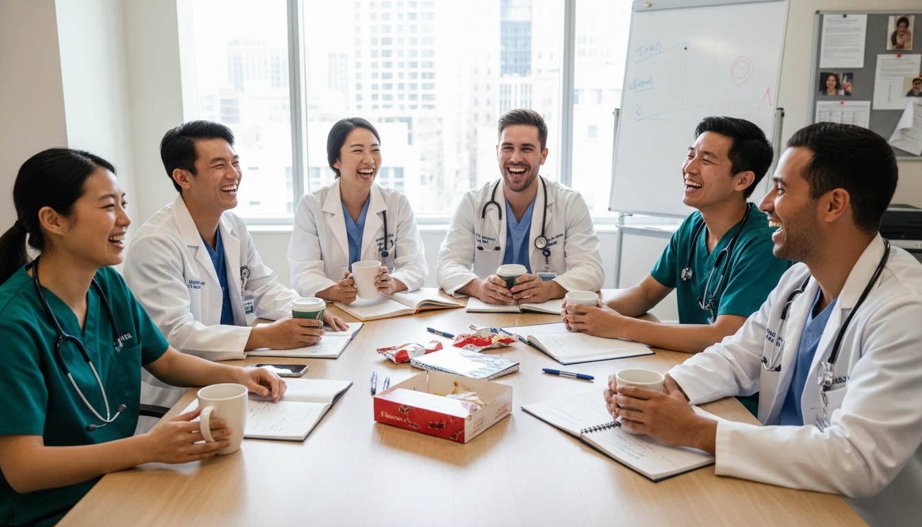 Group of diverse medical residents sharing support during a break Group of diverse medical residents sharing support during a break - residency burnout for The Complete Guide to Residency Bur