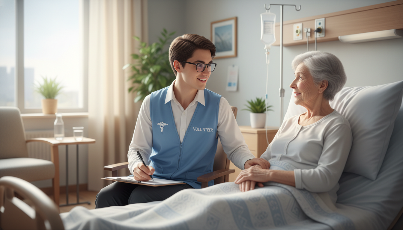 Volunteer comforting a hospitalized patient - clinical volunteering for The Complete Guide to Clinical Volunteering