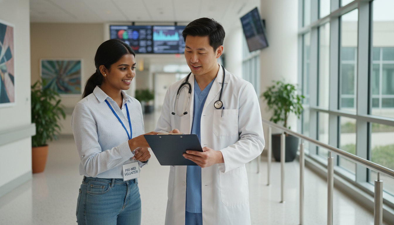 Premed volunteer talking with a physician mentor - clinical volunteering for The Complete Guide to Clinical Volunteering