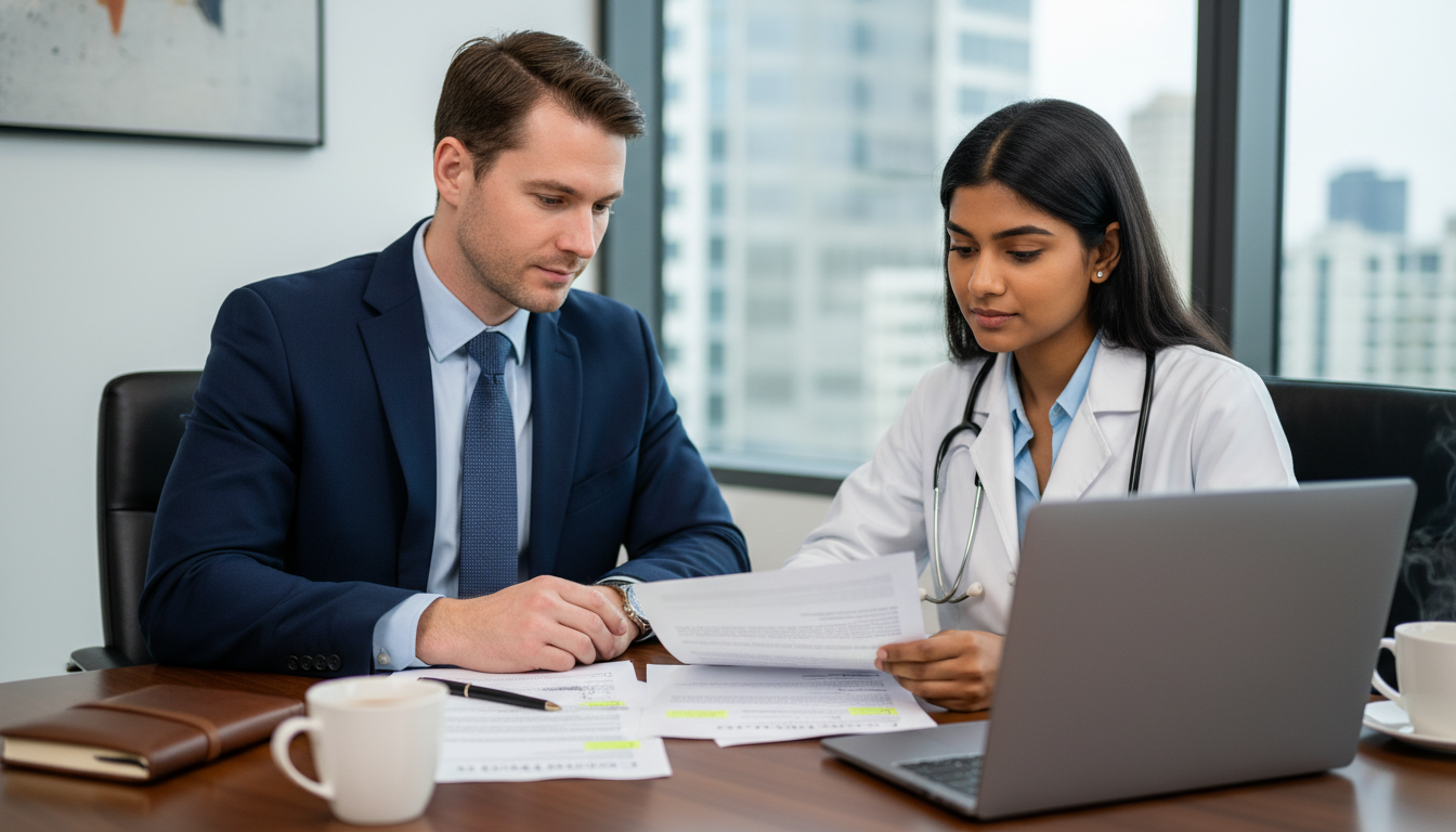 Physician discussing contract terms with attorney Physician discussing contract terms with attorney - physician contract negotiation for The Complete Guide to Physician Contra