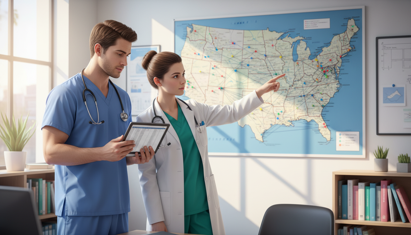 Medical couple reviewing geographic residency options on a map Medical couple reviewing geographic residency options on a map - couples match for The Complete Guide to Couples Match Strate