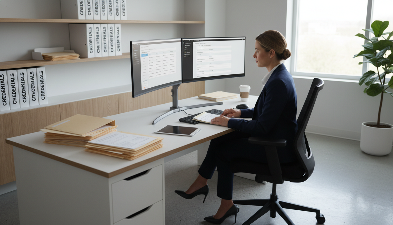 Hospital medical staff office with administrator processing credentialing applications Hospital medical staff office with administrator processing credentialing applications - hospital credentialing for The Compl