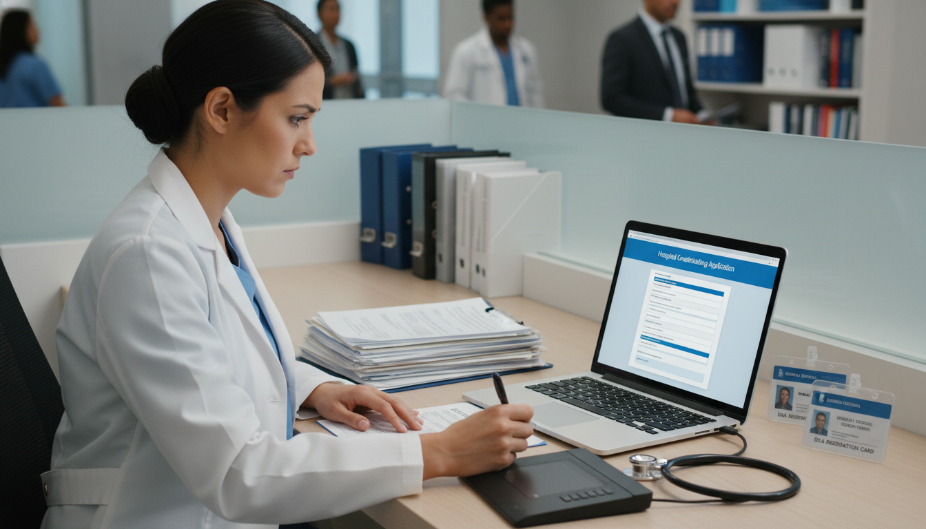 Resident physician completing online hospital credentialing forms on a laptop Resident physician completing online hospital credentialing forms on a laptop - hospital credentialing for The Complete Guide