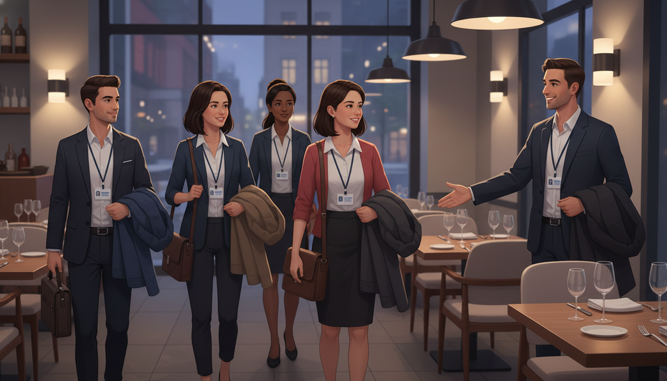 Medical residency applicants arriving at a restaurant in business casual attire - pre-interview dinner for The Complete Guide