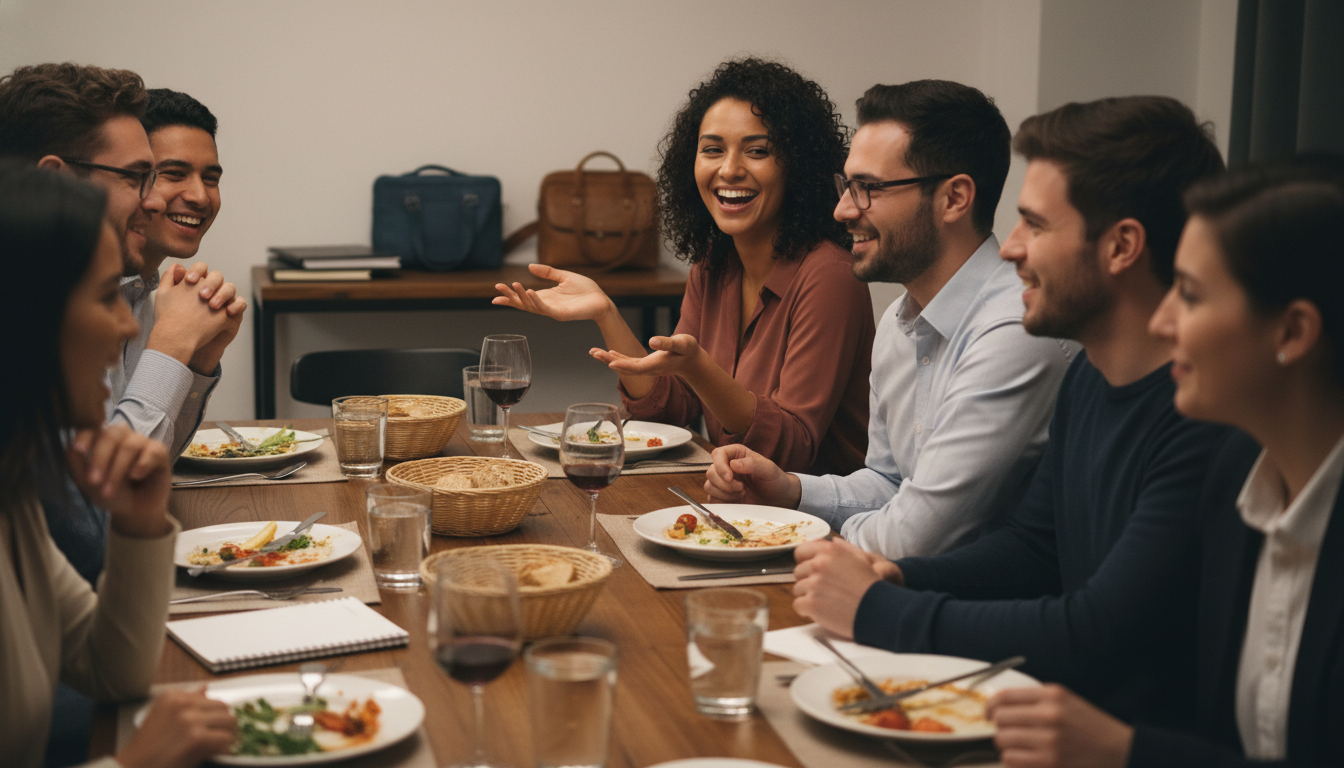 Residents and applicants engaged in thoughtful discussion around a dinner table - pre-interview dinner for The Complete Guide