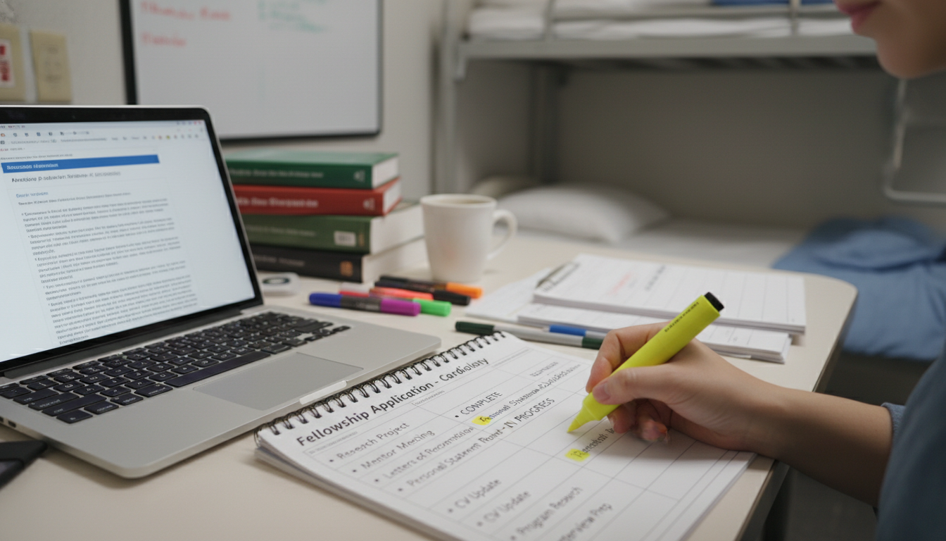 Medical resident reviewing a fellowship preparation timeline Medical resident reviewing a fellowship preparation timeline - preparing for fellowship for The Complete Guide to Fellowship