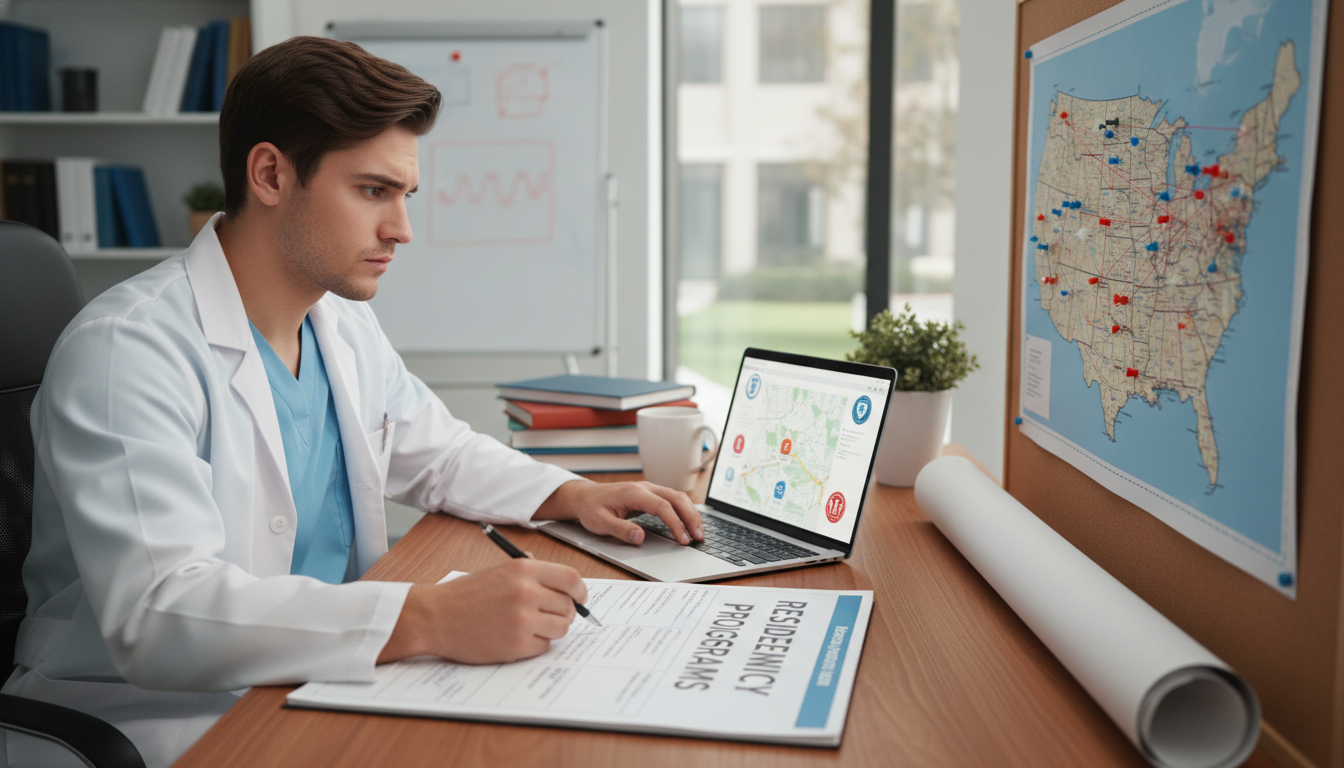 Medical resident weighing residency location options on a map Medical resident weighing residency location options on a map - geographic preference residency for The Complete Guide to Geo