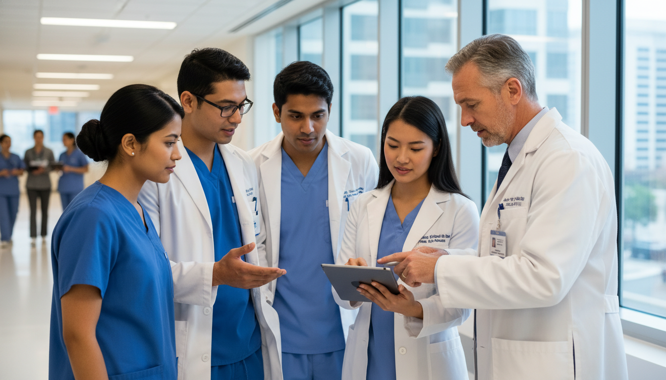 Medical team rounding and discussing patient care plan Medical team rounding and discussing patient care plan - intern year tips for The Complete Guide to Intern Year Survival Guid