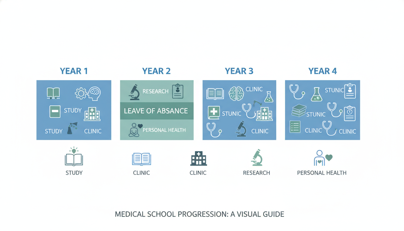 Timeline illustration of a medical student’s training with a leave of absence highlighted Timeline illustration of a medical student’s training with a leave of absence highlighted - leave of absence medical school f