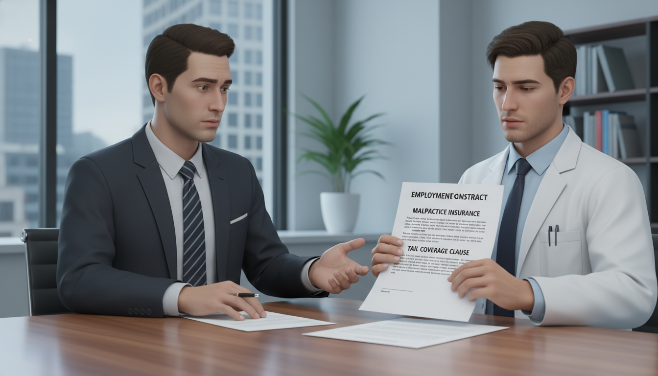 Physician reviewing employment contract for malpractice insurance terms Physician reviewing employment contract for malpractice insurance terms - malpractice insurance for The Complete Guide to Mal