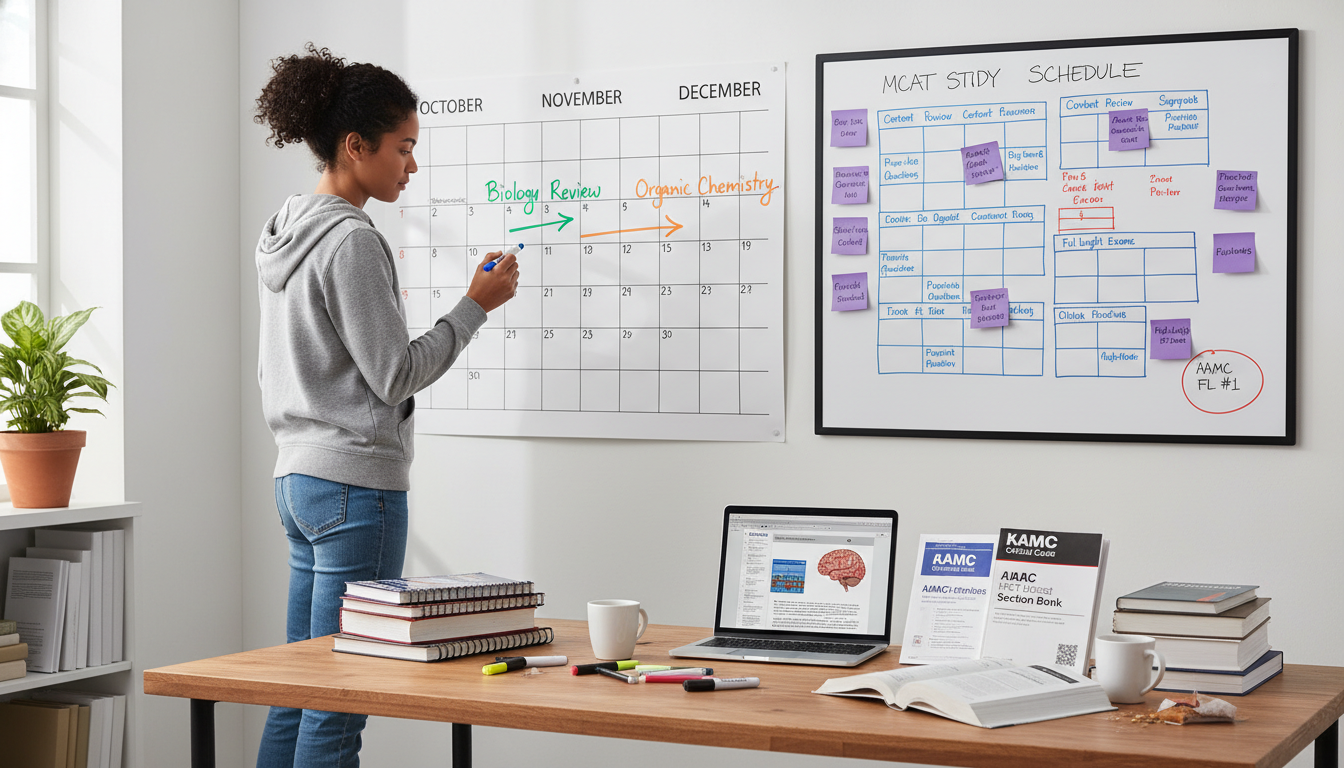 Student creating an MCAT study schedule on a wall calendar Student creating an MCAT study schedule on a wall calendar - MCAT preparation for The Complete Guide to MCAT Preparation & St