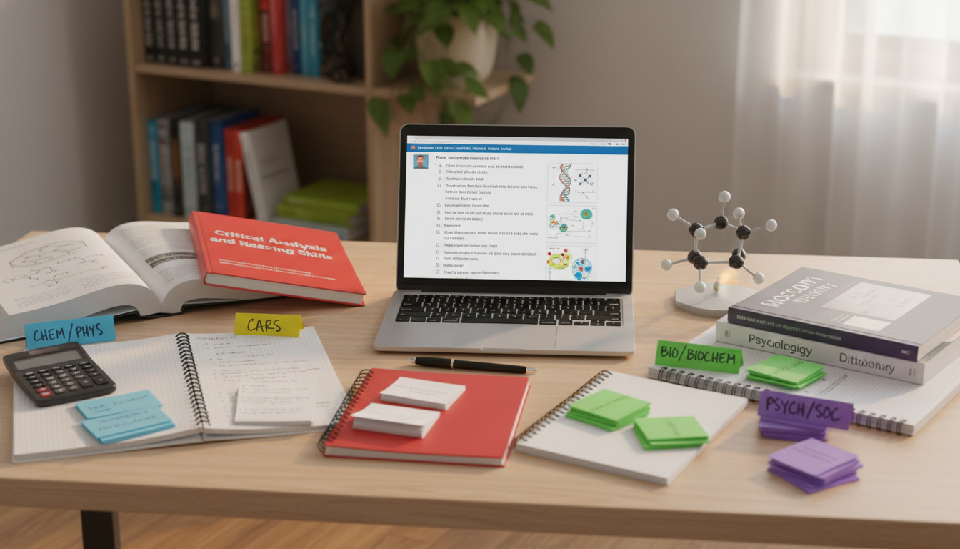 MCAT section-specific study materials spread on a desk MCAT section-specific study materials spread on a desk - MCAT preparation for The Complete Guide to MCAT Preparation & Strate