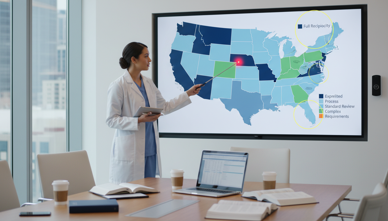Resident physician reviewing a U.S. map of state medical boards and licensing pathways Resident physician reviewing a U.S. map of state medical boards and licensing pathways - medical license by state for The Com