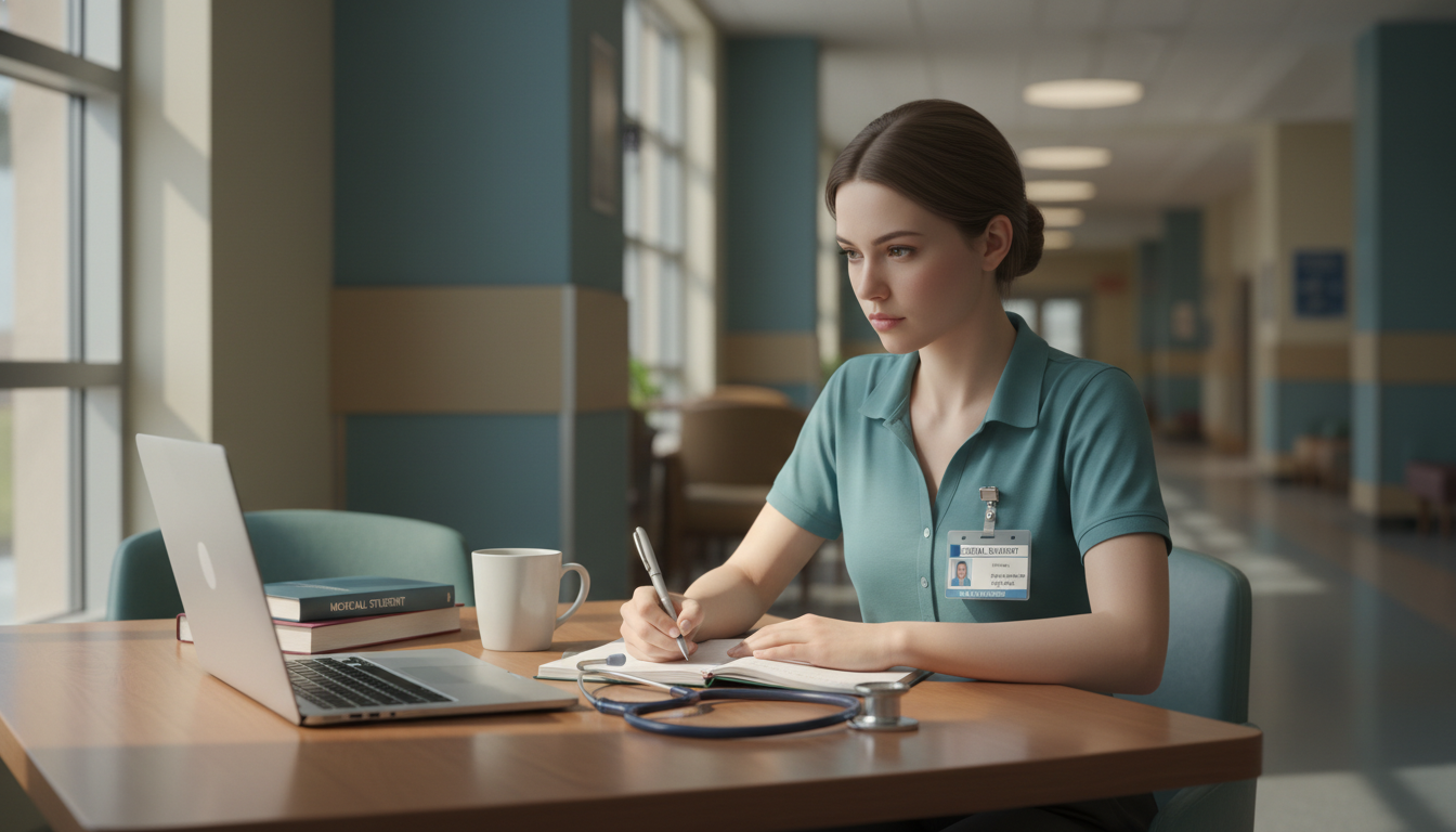 Medical student taking reflective notes after a shadowing session Medical student taking reflective notes after a shadowing session - medical shadowing for The Complete Guide to Medical Shado