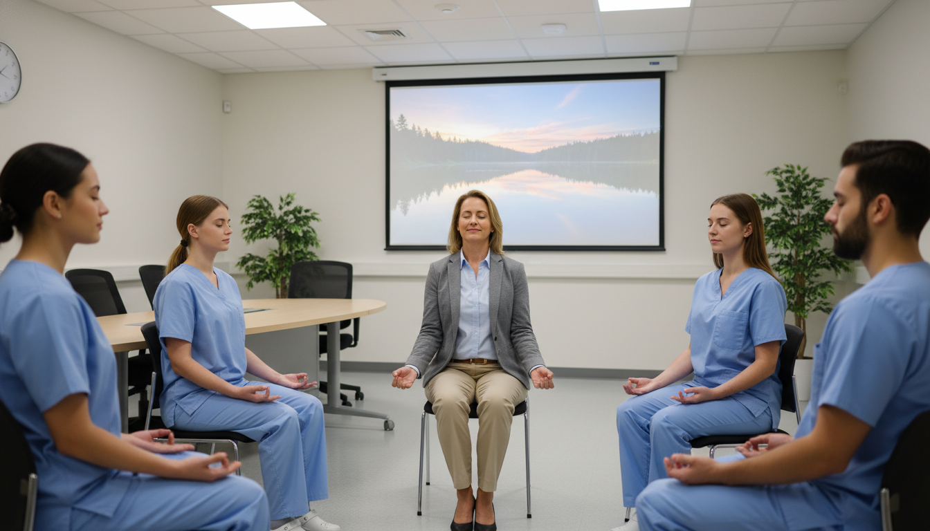 Physician leading a small mindfulness meditation session for residents in a hospital conference room Physician leading a small mindfulness meditation session for residents in a hospital conference room - mindfulness medicine f