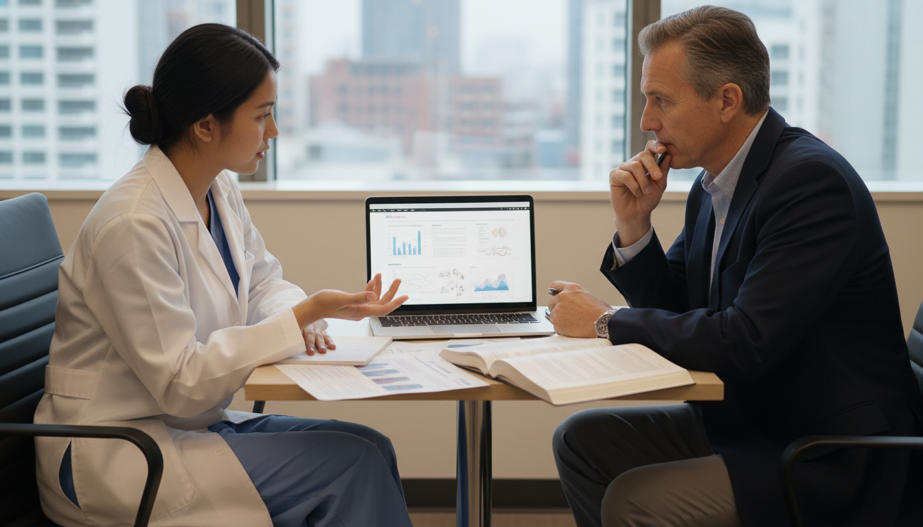 Medical student discussing research ideas with a physician mentor - medical networking for The Complete Guide to Networking i